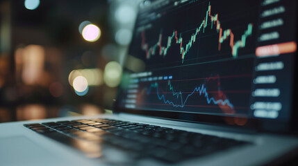 Close-up of laptop screen displaying stock market charts and data, ideal for finance-related content.
