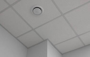 White ceiling with PVC tiles indoors, low angle view