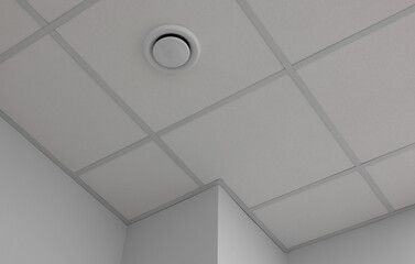 Obraz premium White ceiling with PVC tiles indoors, low angle view