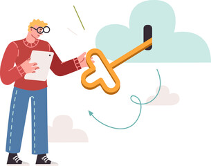 Man uses cloud technologies to store and process data, holds large key in hands for gain access to cloud. Young casual guy stores data on virtual hosting for ensure information security
