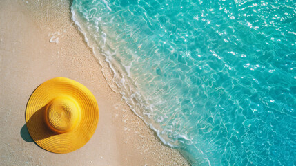 Summery scene with a yellow sun hat on sandy shores beside gentle turquoise waves