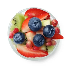 Foto op Aluminium Healthy breakfast. Delicious fruit salad in glass isolated on white, top view © New Africa