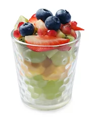 Zelfklevend Fotobehang Healthy breakfast. Delicious fruit salad in glass isolated on white © New Africa