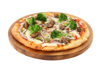 Raamstickers Delicious vegetarian pizza with mushrooms isolated on white © New Africa