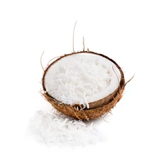 Zelfklevend Fotobehang Coconut flakes in nut shell isolated on white © New Africa