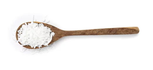 Foto op Aluminium Coconut flakes in wooden spoon isolated on white, top view © New Africa