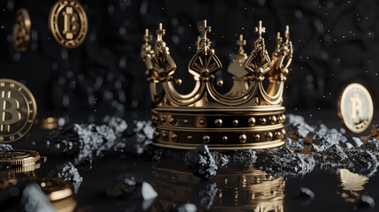 Gold crown with Bitcoin symbols exemplifies wealth and cryptocurrency power.