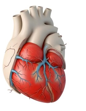 A detailed anatomical illustration of a human heart, showing the ventricles, atria, and major blood vessels aorta
