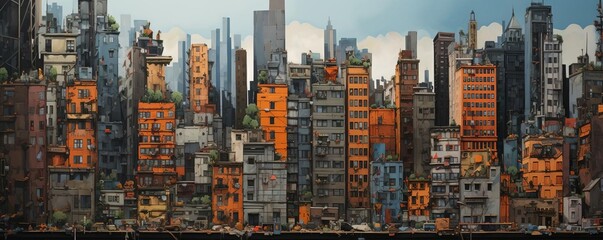 Capture a sprawling cityscape with stark high-rises and intricate alleyways through a drones lens, unveiling the contrasting realities of urban life Explore the juxtaposition between modern skyscraper - obrazy, fototapety, plakaty