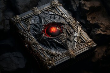 A black, leather-bound book with glowing red eye in the center. - obrazy, fototapety, plakaty