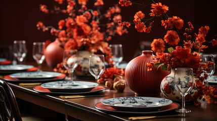 Chinese Lanterns Surround Exquisite Chinese Tableware Placed On A Table Covered with a Red Cloth On Background Blur