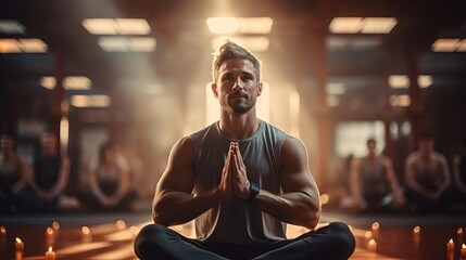A fit man sits in a yoga pose with his eyes closed and hands together in front of his chest. He is surrounded by other people also doing yoga