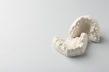 Dental model with gums on light grey background, space for text. Cast of teeth