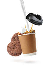 Pouring fresh milk into cup of coffee and chocolate chip cookies in air on white background - obrazy, fototapety, plakaty