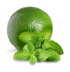 Raamstickers Fresh ripe lime and green mint leaves isolated on white © New Africa
