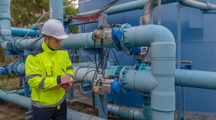 Engineer and technician maintenance checking technical data of system equipment Condenser Water...