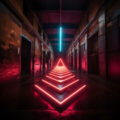 A long, dark hallway with red neon lights on the floor and a bright blue light at the end of the hall - obrazy, fototapety, plakaty