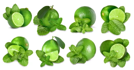 Rolgordijnen Fresh ripe limes and green mint leaves isolated on white, set © New Africa
