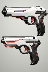 A pair of futuristic pistols with white and red accents - obrazy, fototapety, plakaty
