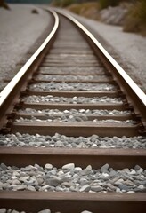 Railroad tracks leading into the distance, with gravel and stones lining the tracks