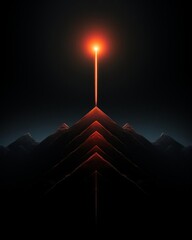 A red glowing pyramid in the middle of a mountain range