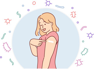 Woman recommends vaccination to improve immunity, stands in invisible cocoon that protects against viruses. Girl promotes idea of compulsory vaccination by pointing to injection mark on arm