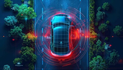 In the future, Autonomous smart car will scan the road for hazards. IOT concept in autonomous self-driving mode with graphic sensors and radar signals. Top view of the futuristic smart car with the - obrazy, fototapety, plakaty