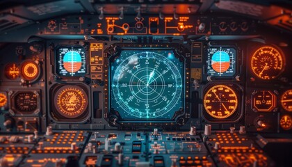 Fototapeta na wymiar Graphic of digital radar interface on airplane, concept of aviation technology