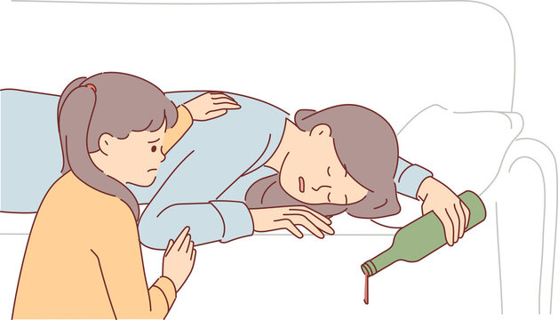 Drunk mother sleeps on sofa with bottle of alcohol, forgetting about unfortunate little daughter. Drunk sad woman lies on couch and has hangover, near teenage girl who wants to help