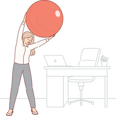 Woman office manager does gymnastics at workplace, uses pilates ball to stretch spine. Business lady doing sports and fitness during break between work, making gymnastics training near desk