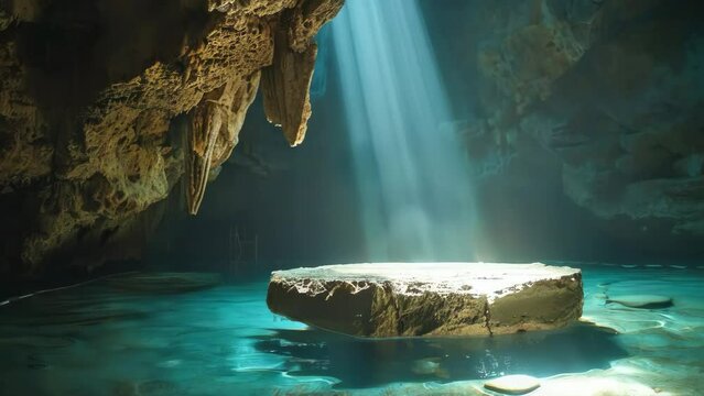 Mystical sunbeam spotlighting an isolated rock in an ethereal subterranean cave pool, evoking tranquility and discovery
