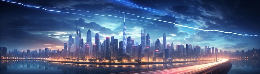Cityscape of a futuristic city with blue sky and lightning.