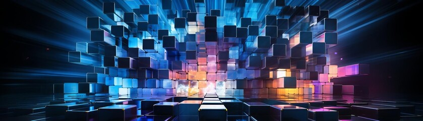 Blue and purple glowing cubes in perspective with bright lights in the background - obrazy, fototapety, plakaty
