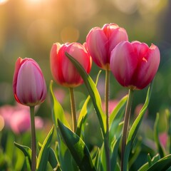 a group of pink tulips