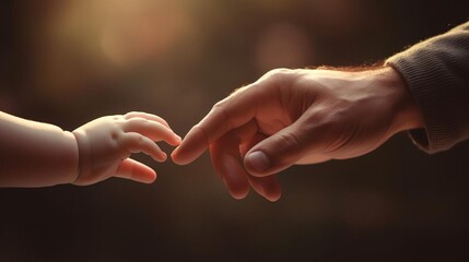 Heartwarming image of a baby hand and parent hand interaction, highlighted with a clear focus for use in parenting advertisements - obrazy, fototapety, plakaty