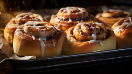 Baked cinnamon rolls with creamy frosting. Horizontal photo of cinnabons on baking tray. Delicious autumn pastry.