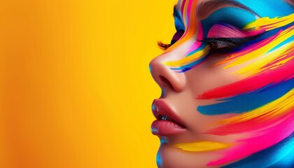 Beautiful woman with creative colorful makeup. Girl with vivid face art. Fashion or cosmetics concept. Illustration for cover, postcard, interior design or print. - obrazy, fototapety, plakaty