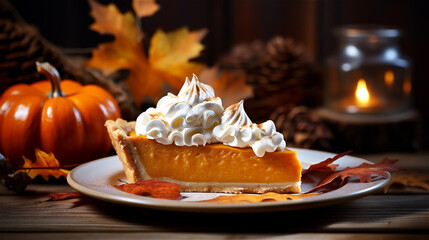 Delicious pumpkin pie with whipped cream on plate, background with autumn leaves, pumpkin and candle. Thanksgiving autumn food.
