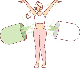 Woman with giant capsule of vitamins to detoxify body and strengthen immune system. Slender girl recommends new vitamins to reduce appetite and get rid of excess weight in short time