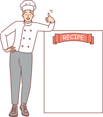 Man restaurant chef stands near blank recipe sheet and shows thumbs up as sign of approval of new menu. Copy space for recipe from chef, for preparing your own dish for lunch or dinner