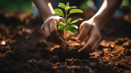 Closeup of a tree sapling being planted by a childs hands, soil being gently pressed around it, symbolizing hope and future growth