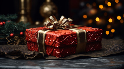 Christmas present in elegant red wrapping paper and golden ribbon with bow. Christmas gift on table. Concept of winter holiday.