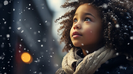 Amazed girl looking at snowfall. Cute little child in winter weather. Christmas holiday. Concepts of childhood, happiness and cheer.