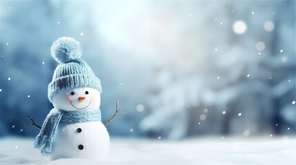 Cute smiling snowman wearing hat and scarf. Winter banner with copy space for text. Christmas background.