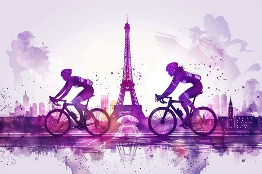 Purple watercolor paint of cyclist athlete on race bike by eiffel tower