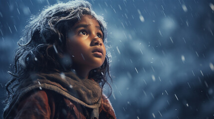 Little Indian girl looking at snowfall. Child enjoying cold winter weather. Christmas celebration.