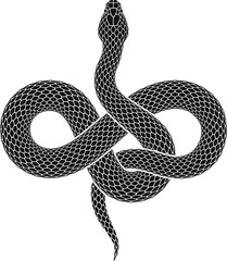 Vector illustration of snake intertwined in shape of infinity sign. Isolated tattoo design of black serpent silhouette of endless symbol.
