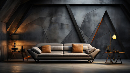 Beautiful Luxury Living Room Interior with Luxury Sofa with Dark Stone Wall