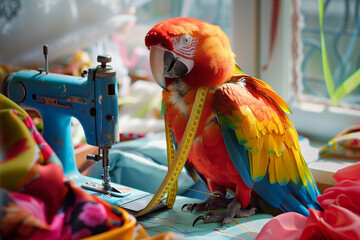 Tailor parrot at work: bright macaw with a ruler at the sewing machine surrounded by fabrics - the embodiment of skill and creativity. - 794154026