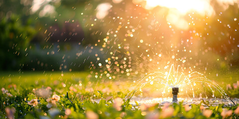 Green grass receives thorough watering from automatic sprinkler maintaining its vitality wth sunset background - obrazy, fototapety, plakaty